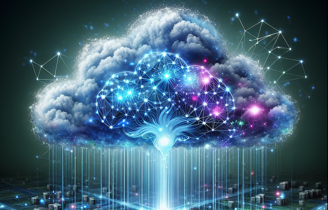 Futuristic representation of the integration between artificial intelligence and cloud computing, featuring a digital cloud connected to a brain-like structure made of lines and nodes, set in a blue and violet-toned environment with elements of sustainability and advanced technology.